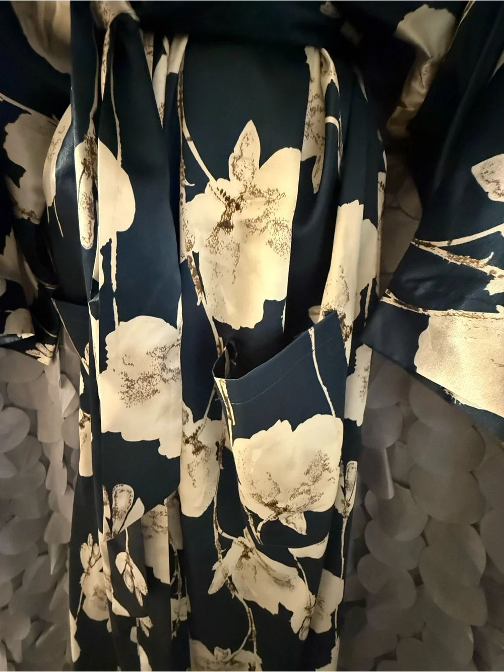 Floral Satin Kimono Robe in Black & Cream